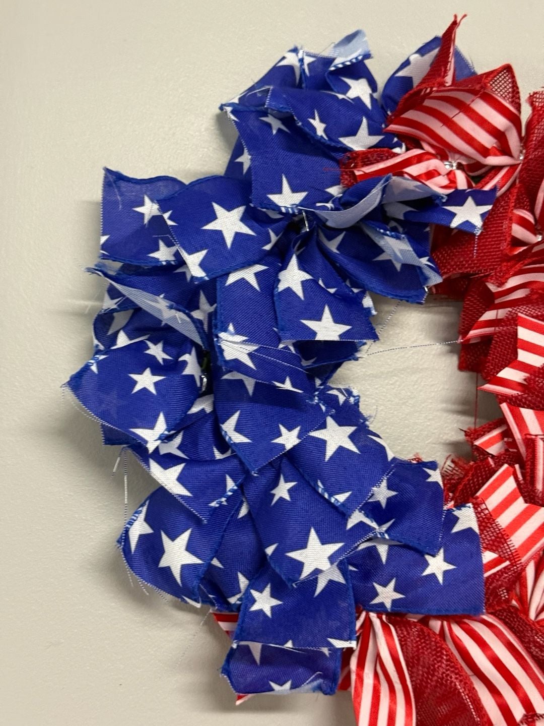 Patriotic Red White and Blue Stars and Stripes Fabric Ribbon Wreath 2