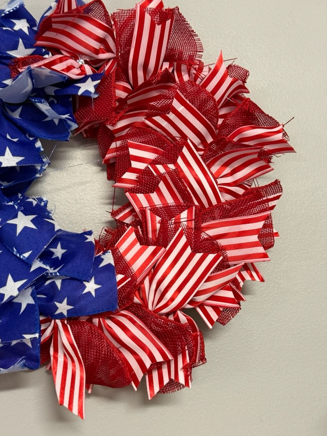 Patriotic Red White and Blue Stars and Stripes Fabric Ribbon Wreath 3