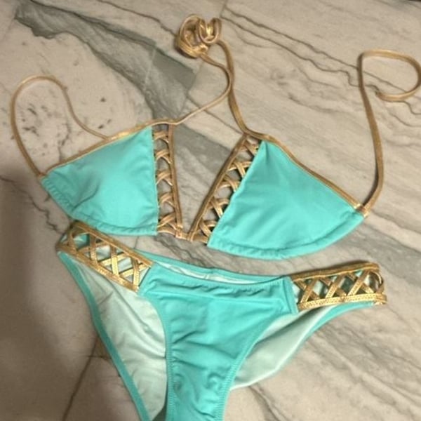 Victoria's Secret Turquoise and Gold Strappy Bikini Set