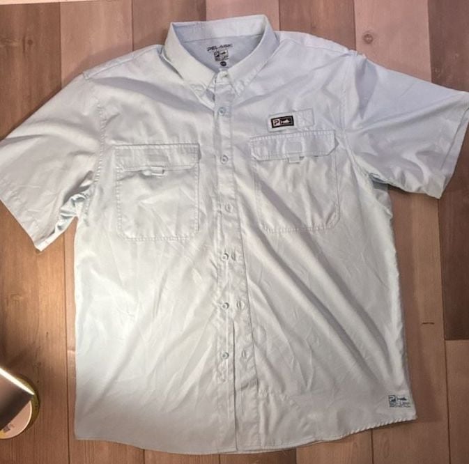 Pelagic Men's Light Blue Short Sleeve Button-Down Fishing Shirt with Dual Chest Pockets 2