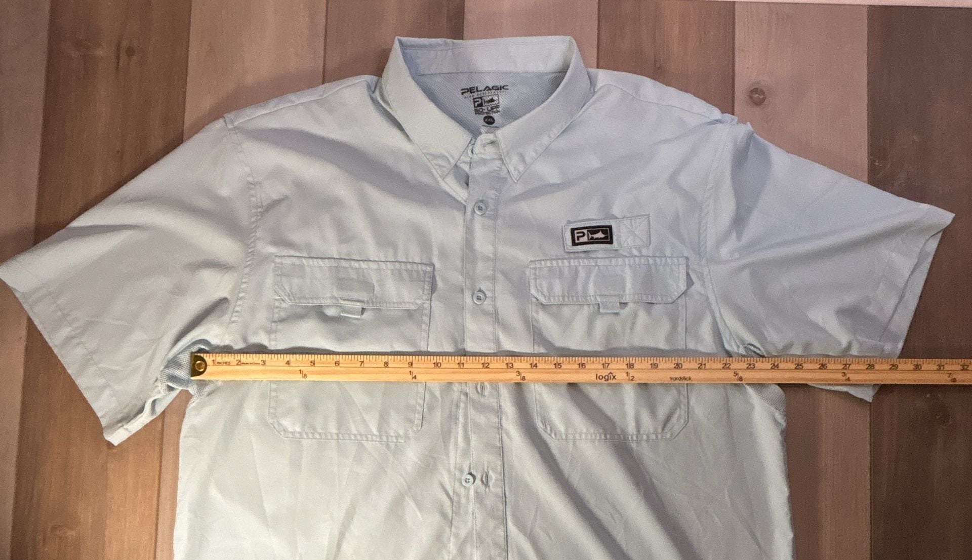 Pelagic Men's Light Blue Short Sleeve Button-Down Fishing Shirt with Dual Chest Pockets 3