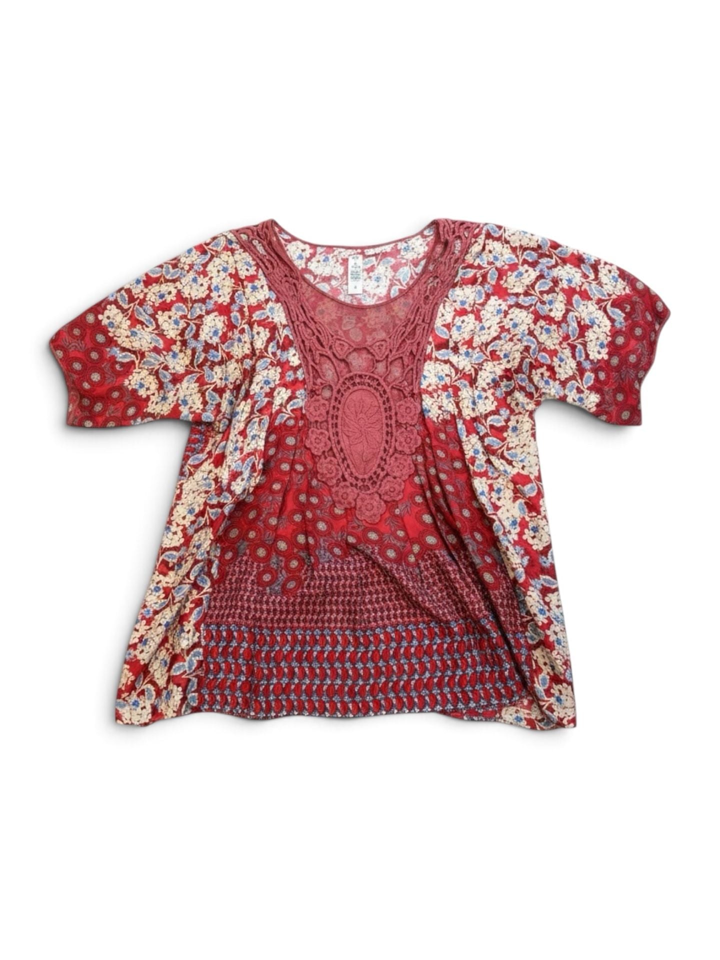 Johnny Was 1X Red Floral Patchwork Print Silk Top with Crochet Neckline 2