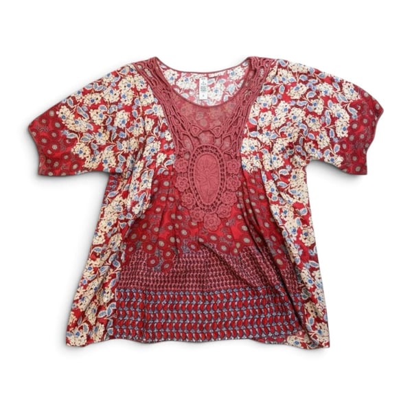 Johnny Was 1X Red Floral Patchwork Print Silk Top with Crochet Neckline