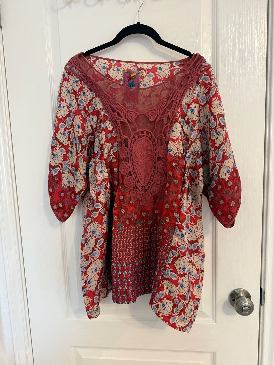 Johnny Was 1X Red Floral Patchwork Print Silk Top with Crochet Neckline 3