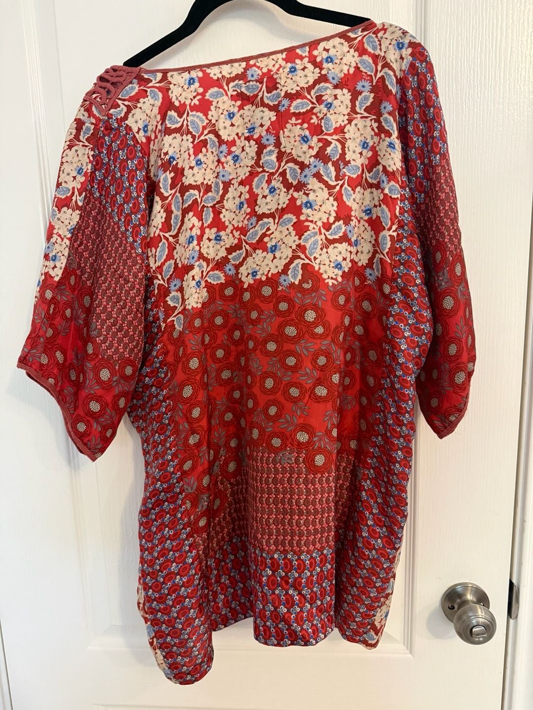 Johnny Was 1X Red Floral Patchwork Print Silk Top with Crochet Neckline 4