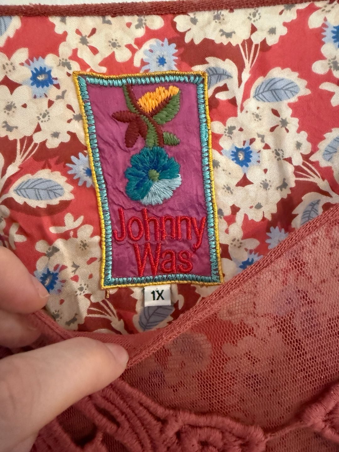 Johnny Was 1X Red Floral Patchwork Print Silk Top with Crochet Neckline 5