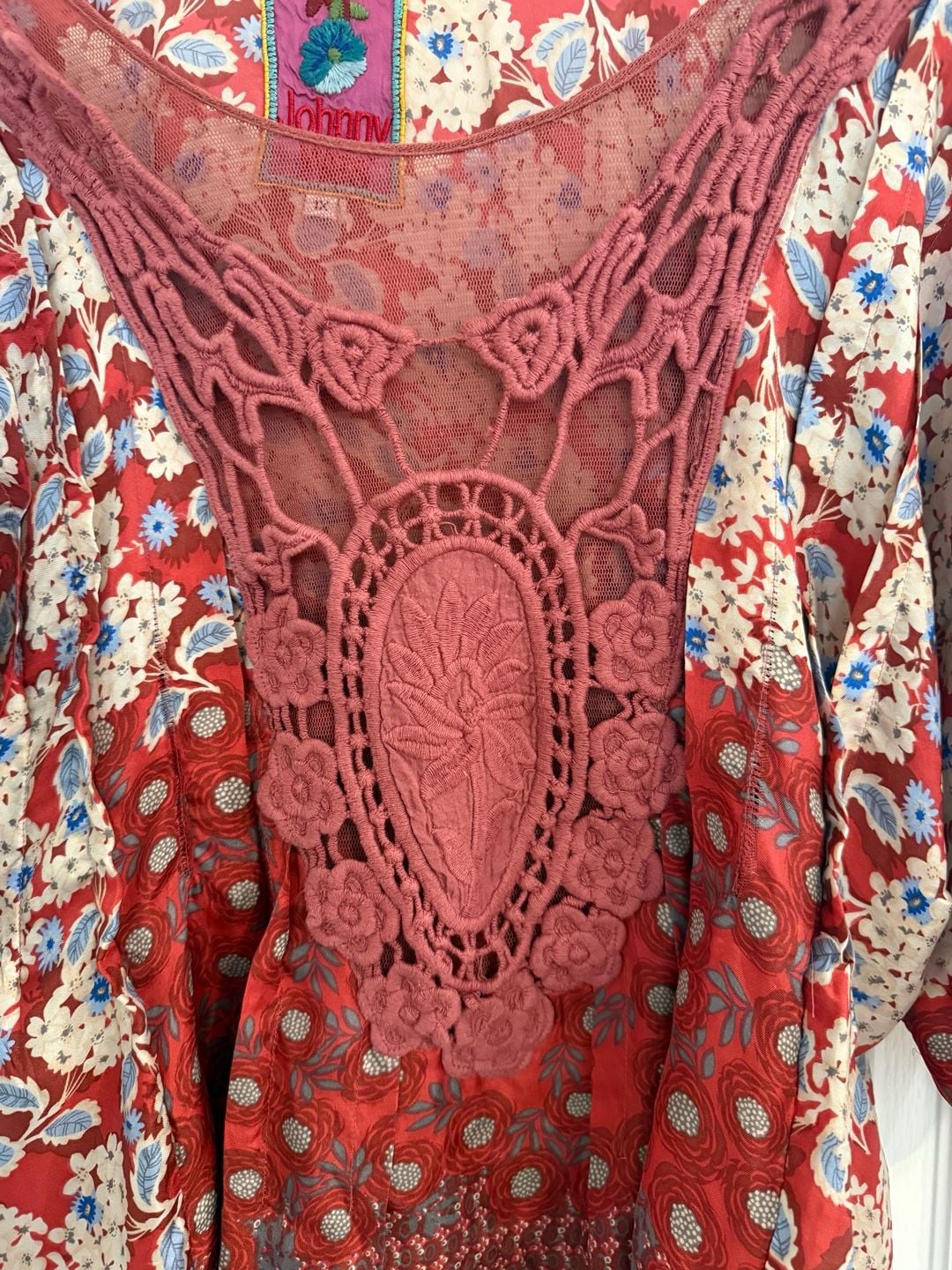 Johnny Was 1X Red Floral Patchwork Print Silk Top with Crochet Neckline 6
