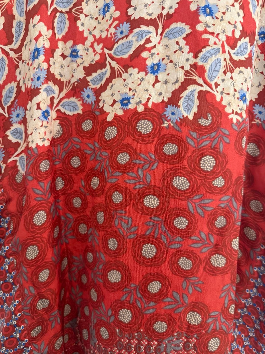 Johnny Was 1X Red Floral Patchwork Print Silk Top with Crochet Neckline 7