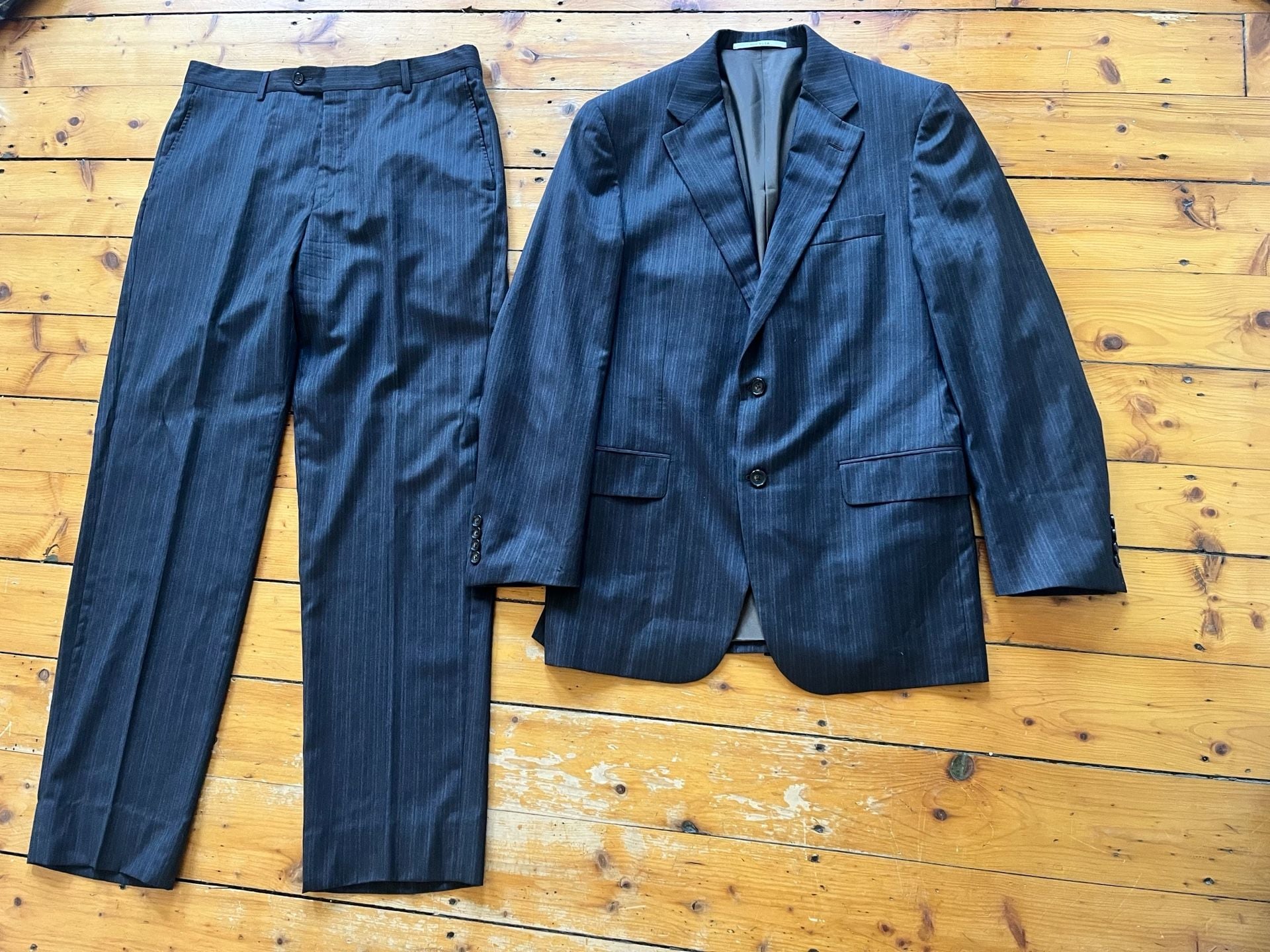 Hickey Freeman Mens 2-Piece Suit Wool Pinstripe Jacket & Pants Gray 40R 35x32 1