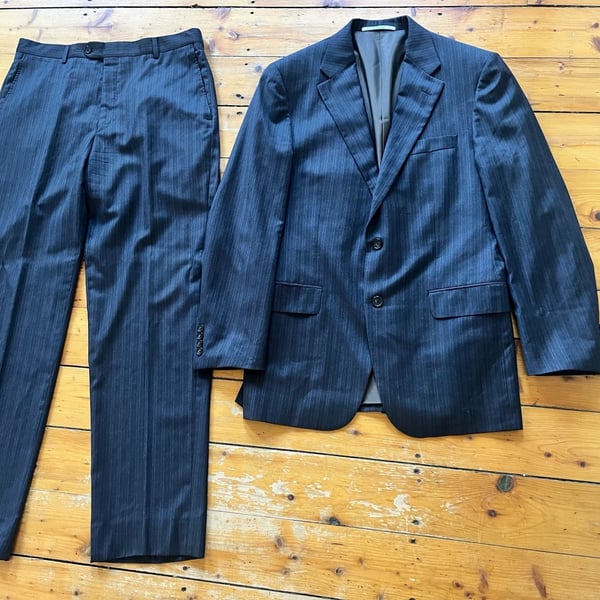Hickey Freeman Mens 2-Piece Suit Wool Pinstripe Jacket & Pants Gray 40R 35x32