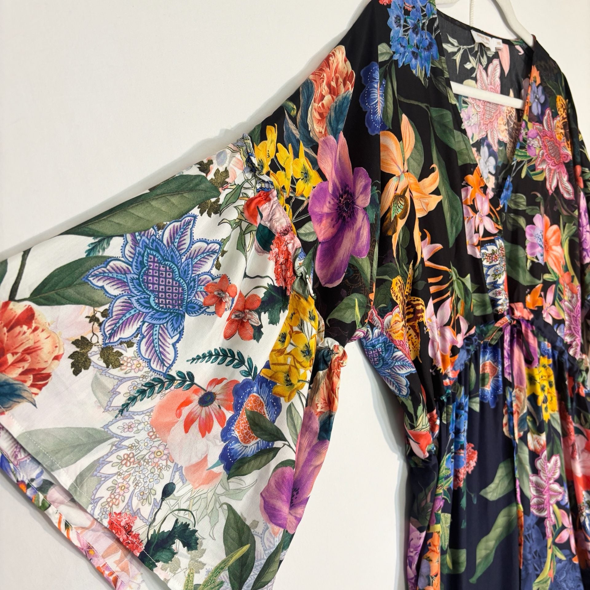 Johnny Was Floral Print Silk Tiered Midi Dress with Bell Sleeves 8