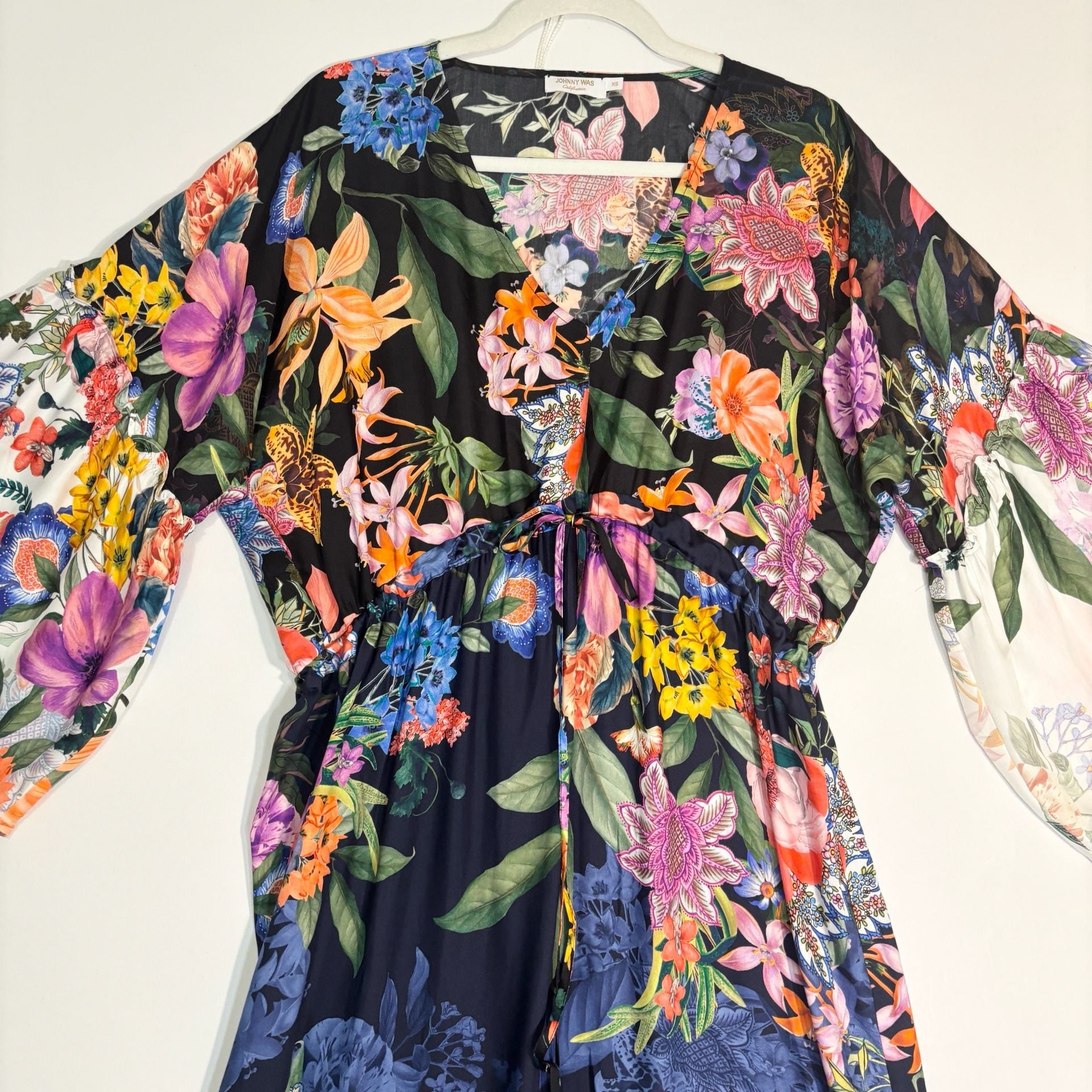 Johnny Was Floral Print Silk Tiered Midi Dress with Bell Sleeves 4