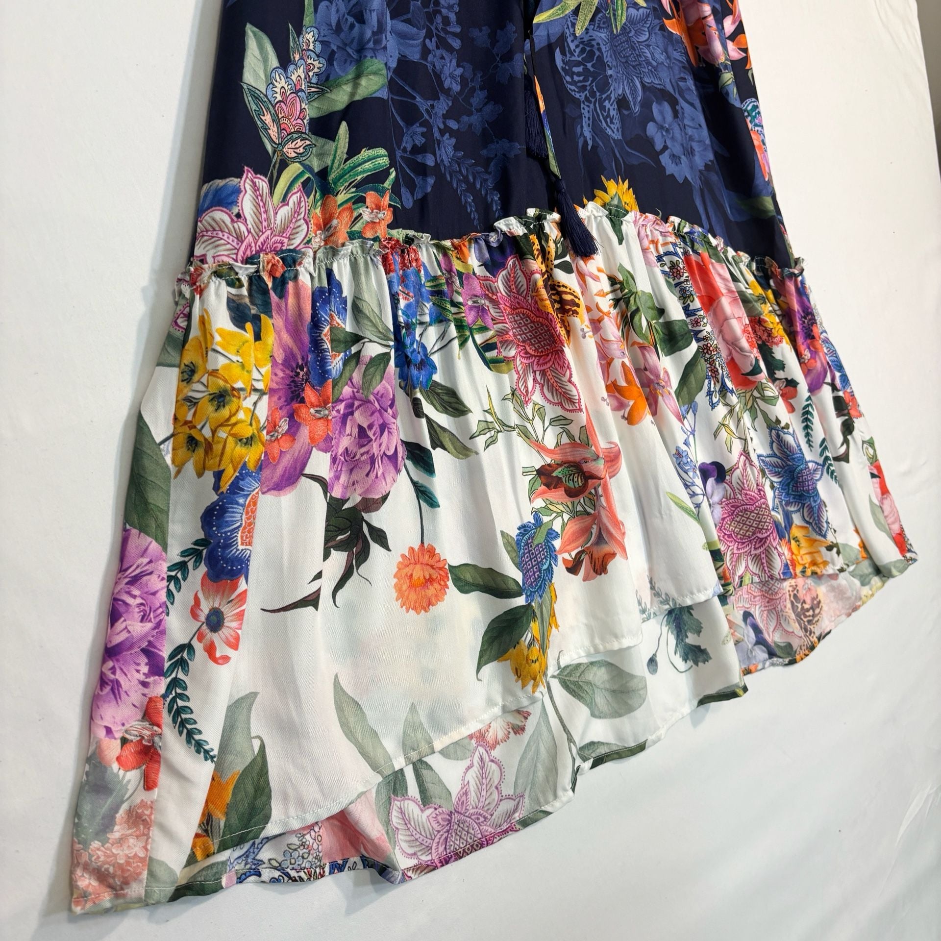 Johnny Was Floral Print Silk Tiered Midi Dress with Bell Sleeves 5