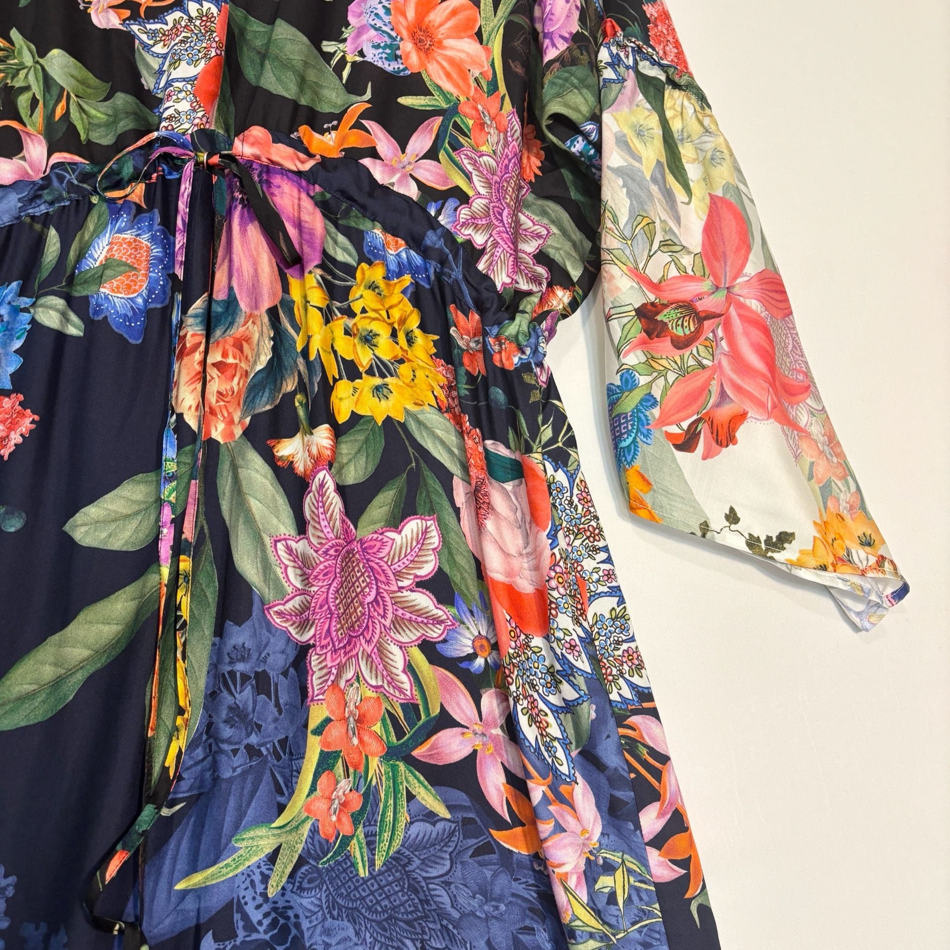 Johnny Was Floral Print Silk Tiered Midi Dress with Bell Sleeves 7