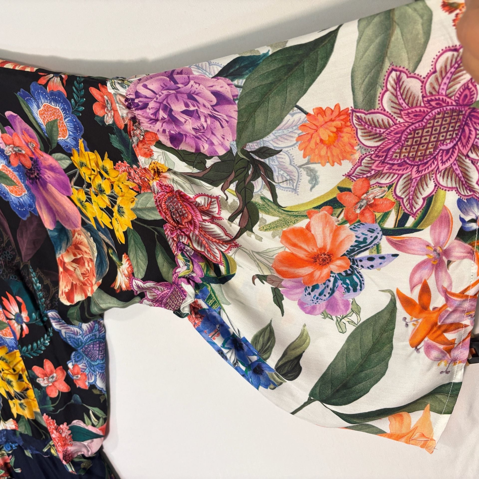Johnny Was Floral Print Silk Tiered Midi Dress with Bell Sleeves 11