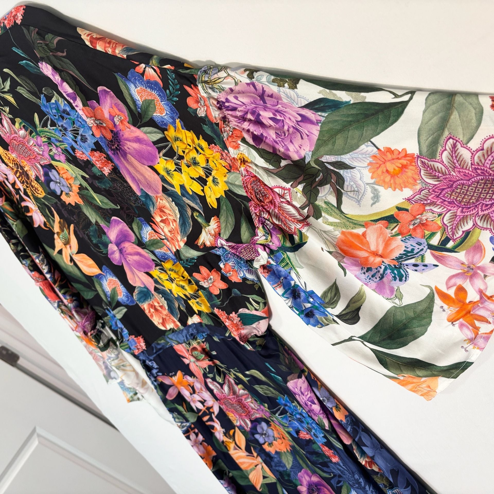 Johnny Was Floral Print Silk Tiered Midi Dress with Bell Sleeves 12