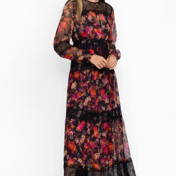 Johnny Was Flora Silk Maxi Dress Size PS Petite Small Multicolor Floral Lace NWT
