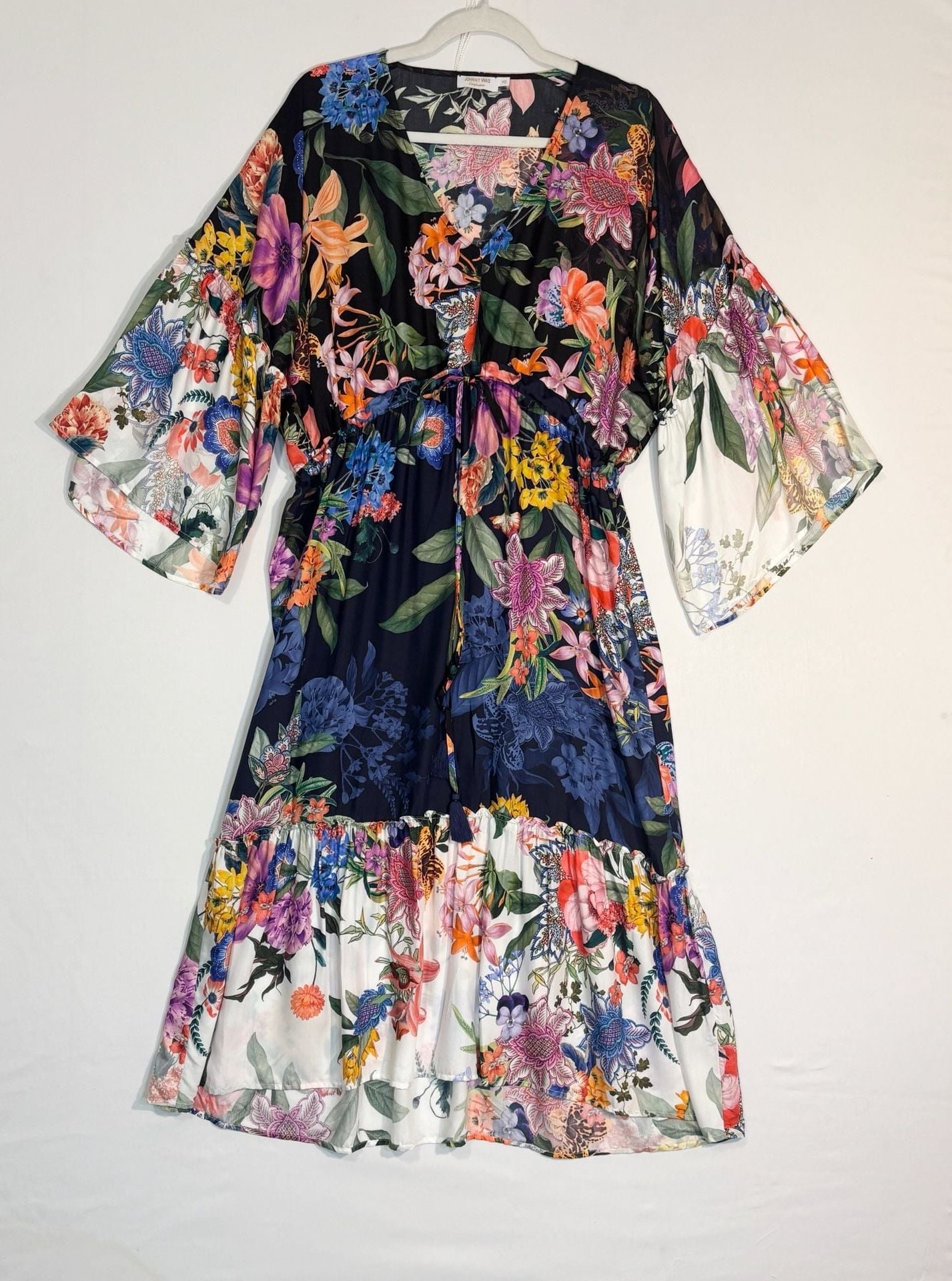 Johnny Was Floral Print Silk Tiered Midi Dress with Bell Sleeves 2
