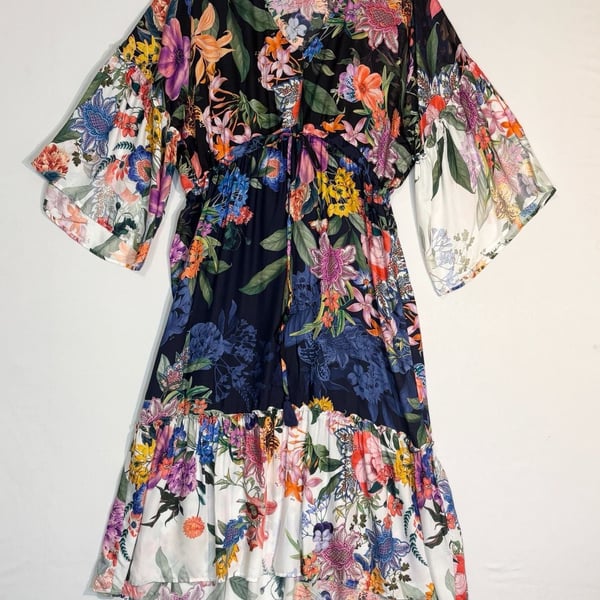 Johnny Was Floral Print Silk Tiered Midi Dress with Bell Sleeves