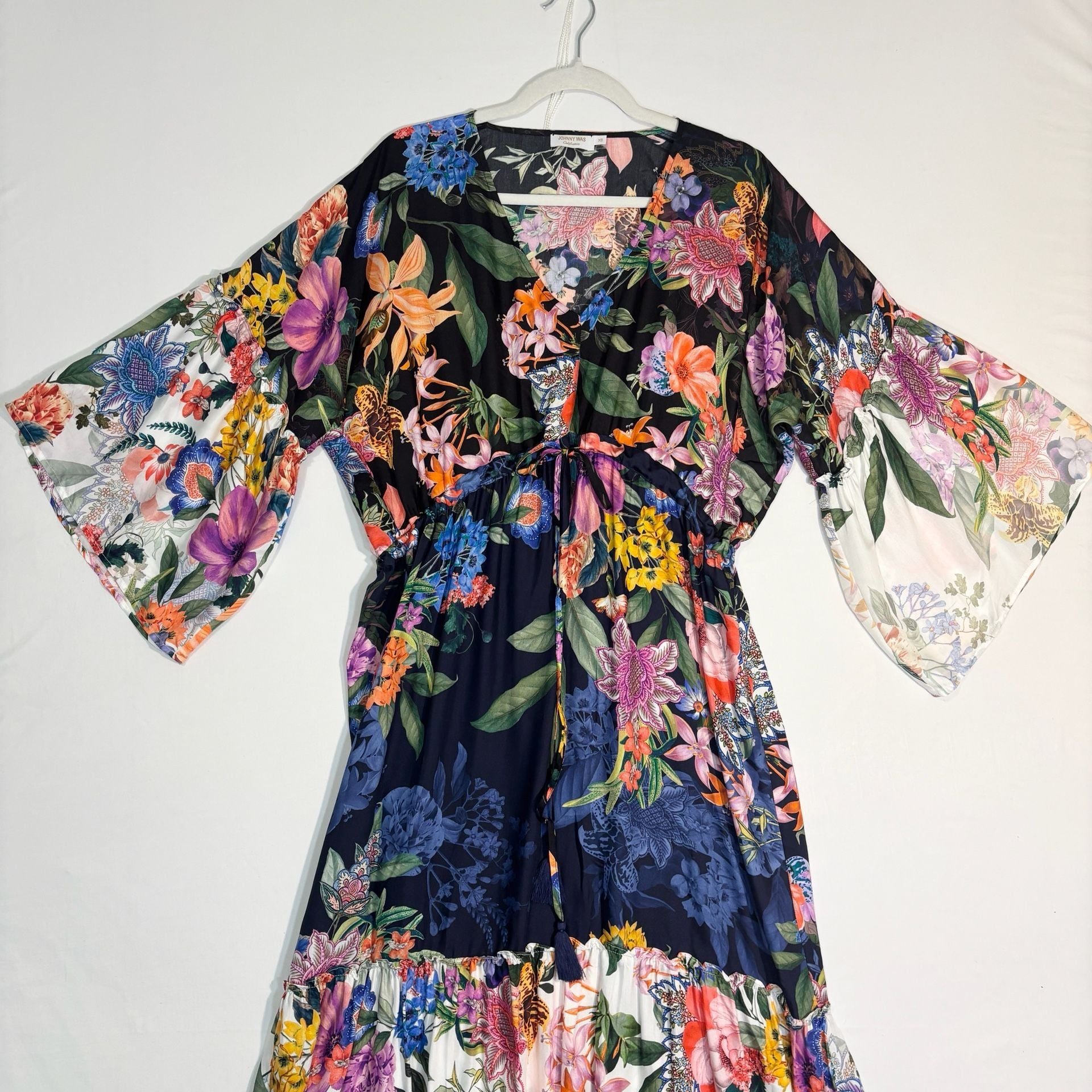 Johnny Was Floral Print Silk Tiered Midi Dress with Bell Sleeves 3