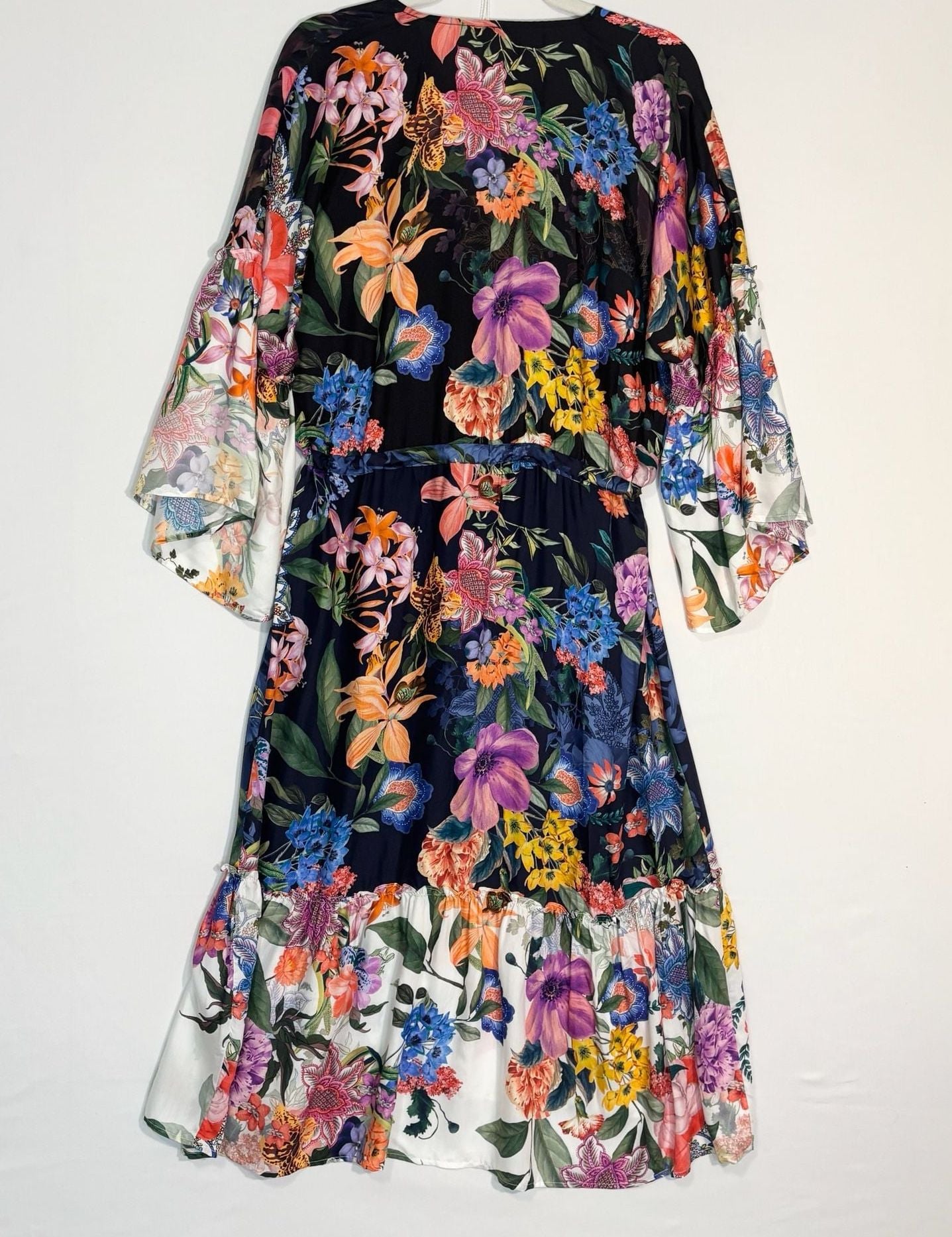 Johnny Was Floral Print Silk Tiered Midi Dress with Bell Sleeves 10