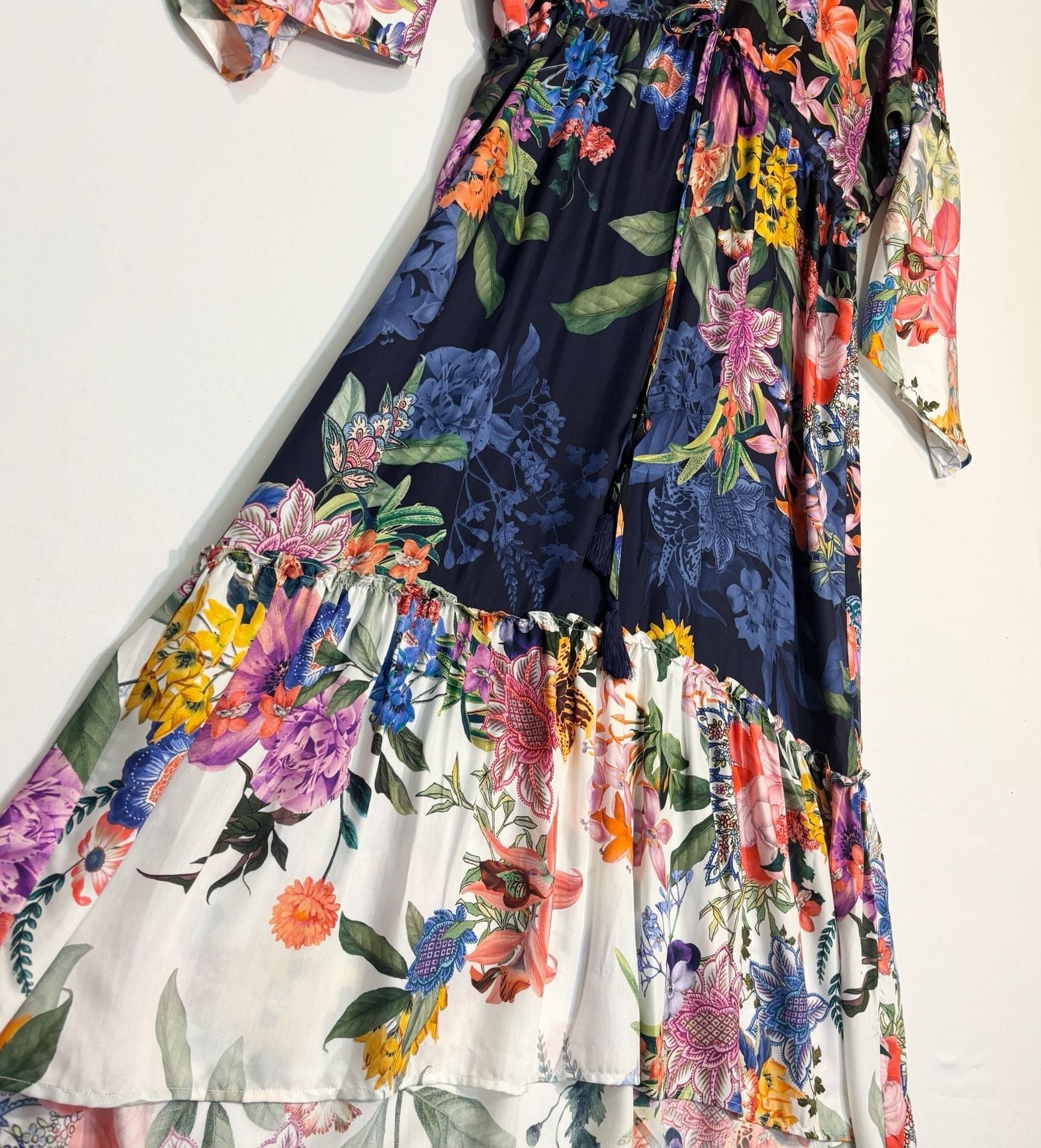 Johnny Was Floral Print Silk Tiered Midi Dress with Bell Sleeves 6