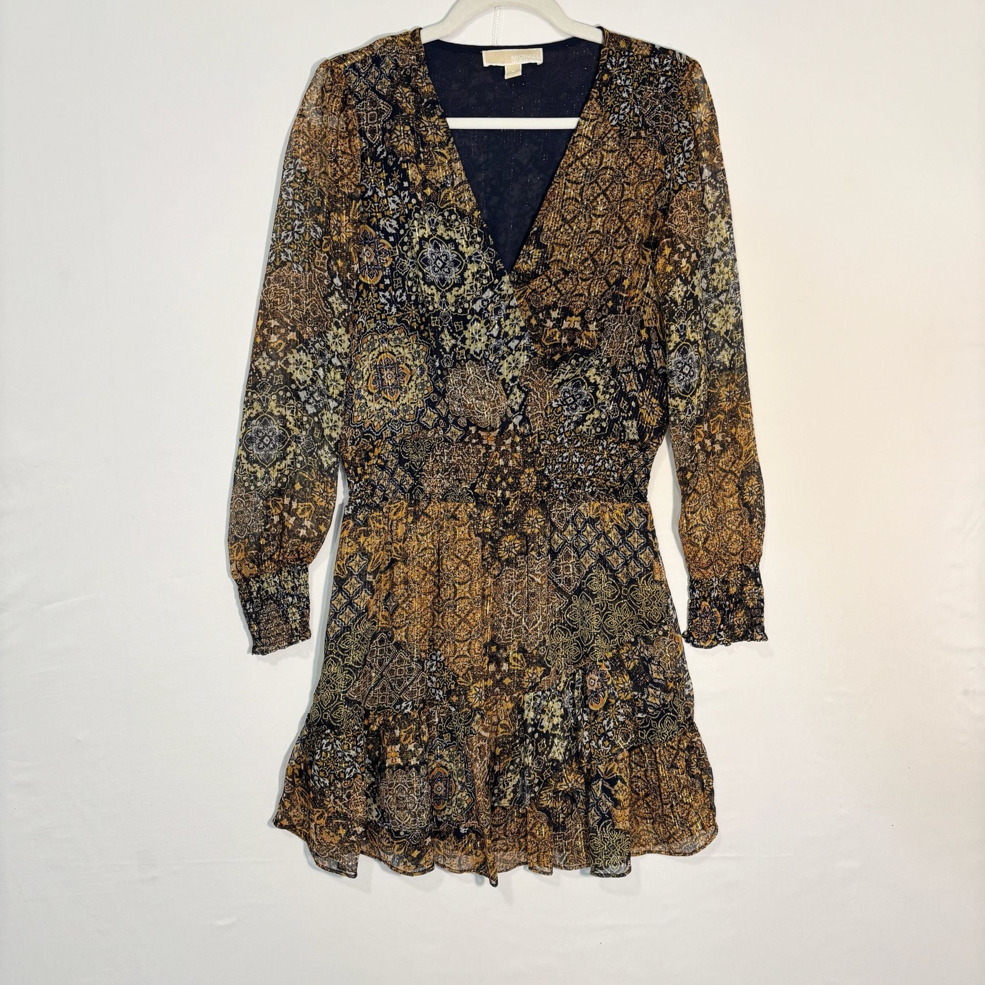 Michael Kors Black Gold Floral Metallic Chiffon Mini Dress V-Neck Long M 2