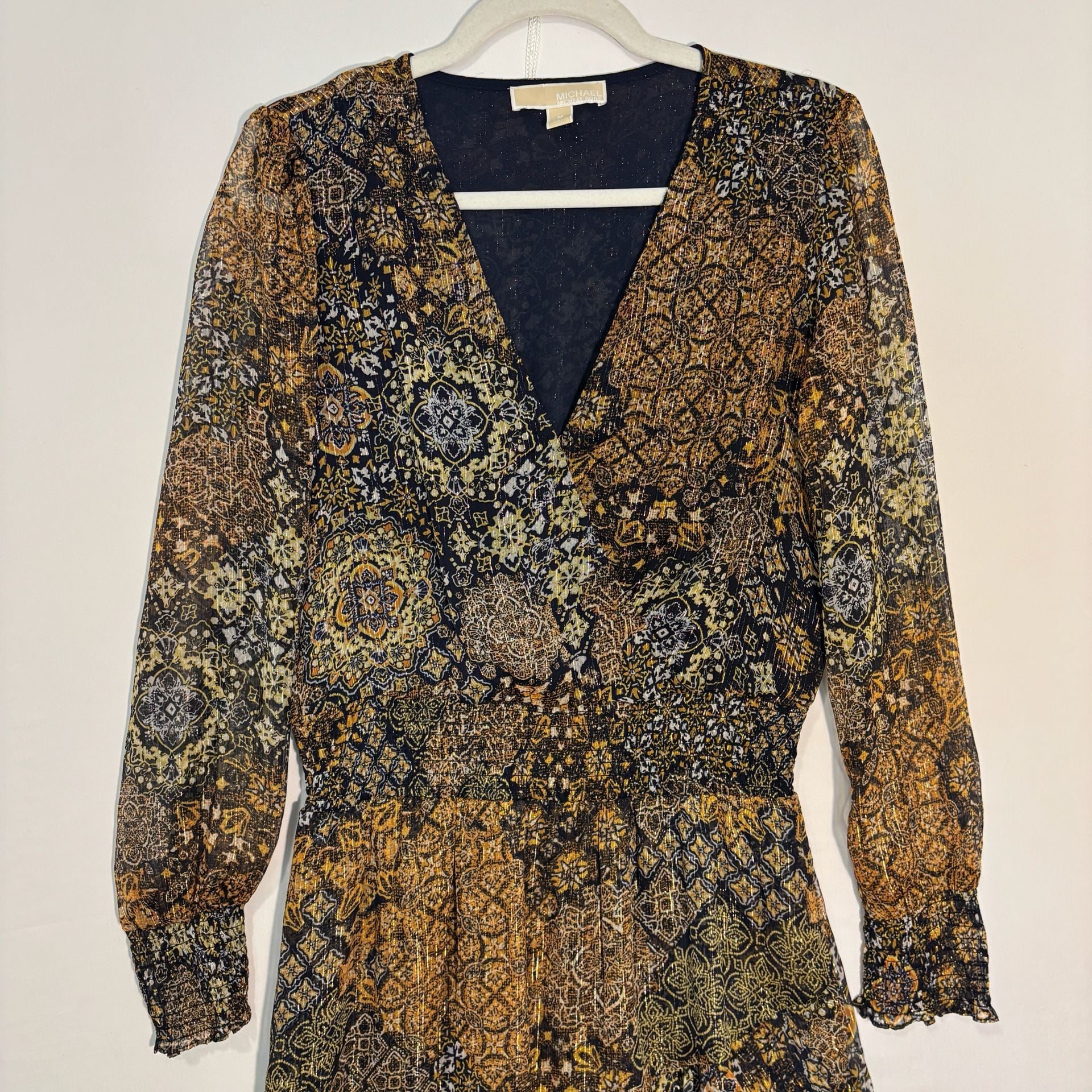 Michael Kors Black Gold Floral Metallic Chiffon Mini Dress V-Neck Long M 3
