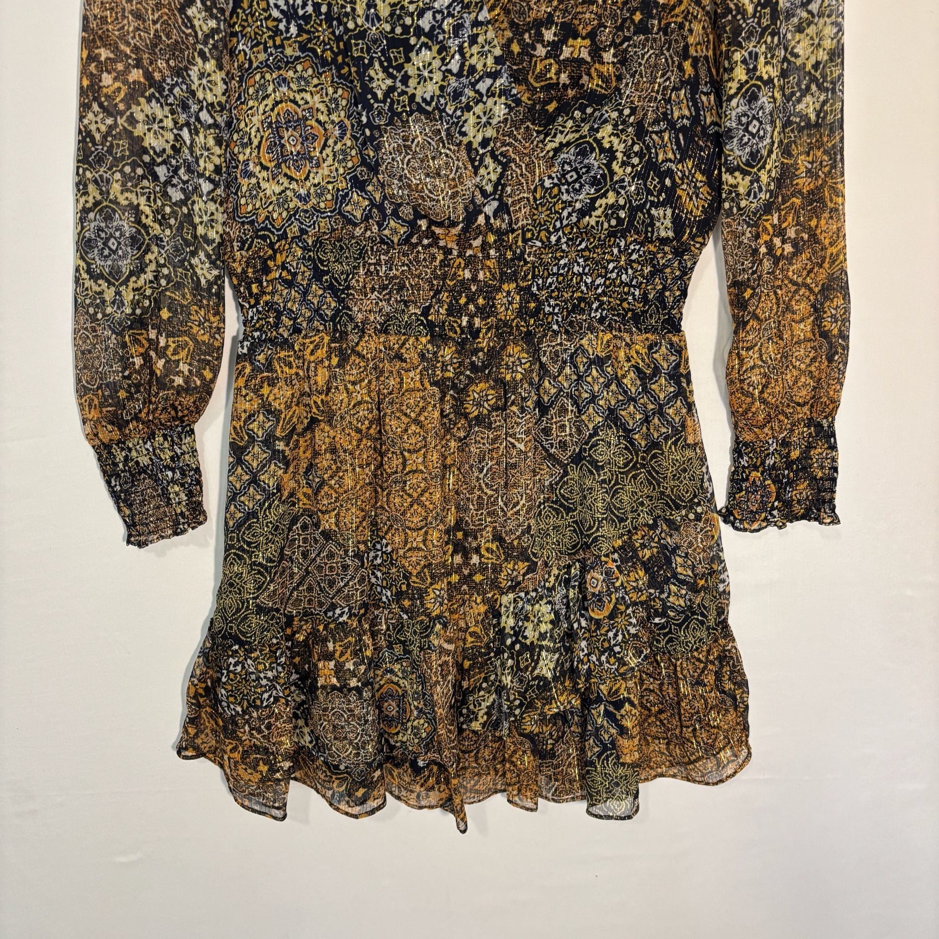 Michael Kors Black Gold Floral Metallic Chiffon Mini Dress V-Neck Long M 4