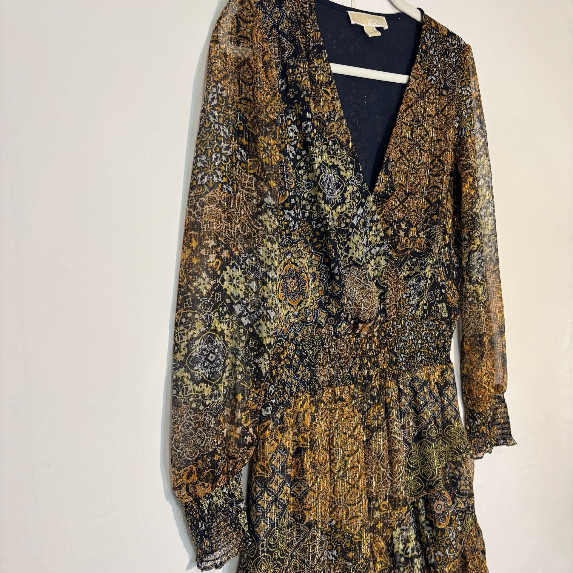 Michael Kors Black Gold Floral Metallic Chiffon Mini Dress V-Neck Long M 5