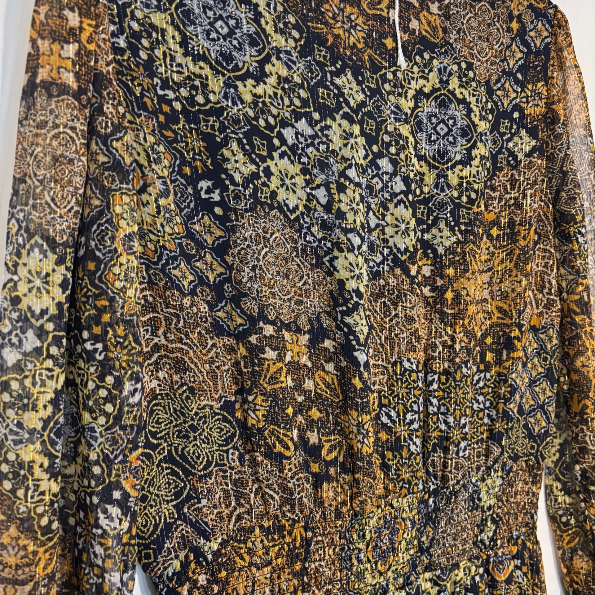 Michael Kors Black Gold Floral Metallic Chiffon Mini Dress V-Neck Long M 8