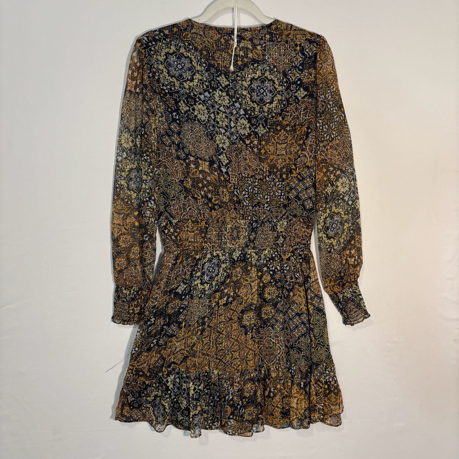 Michael Kors Black Gold Floral Metallic Chiffon Mini Dress V-Neck Long M 9