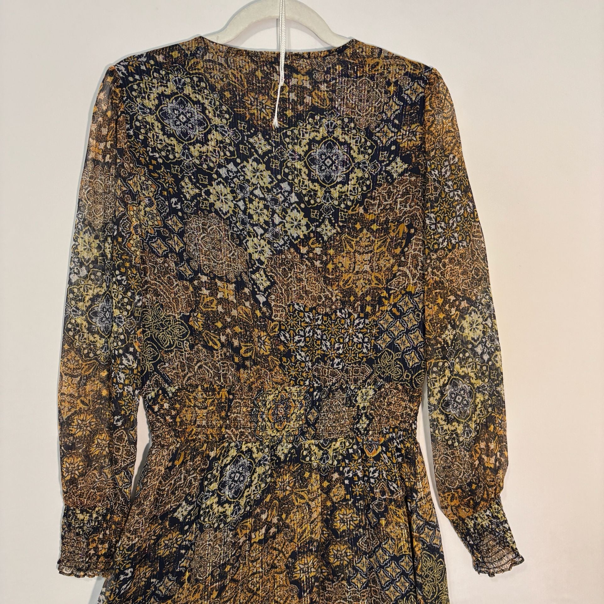 Michael Kors Black Gold Floral Metallic Chiffon Mini Dress V-Neck Long M 10