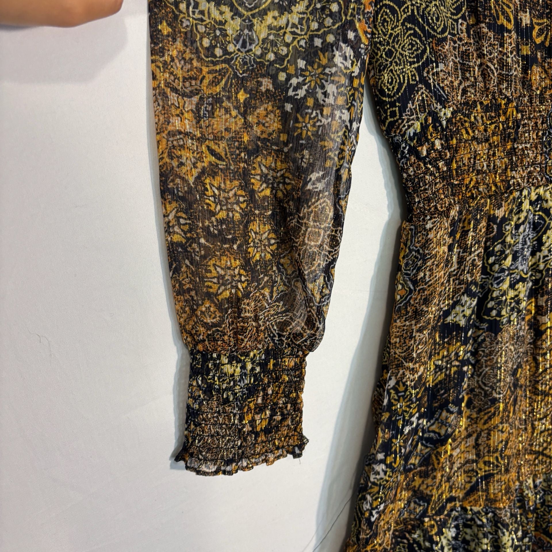 Michael Kors Black Gold Floral Metallic Chiffon Mini Dress V-Neck Long M 11