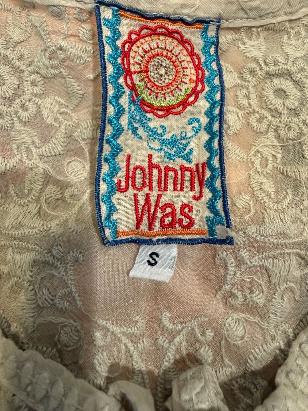 Johnny Was Dakota Embroidered Tie Neck Poncho Top Size S Taupe Boho Eyelet 3