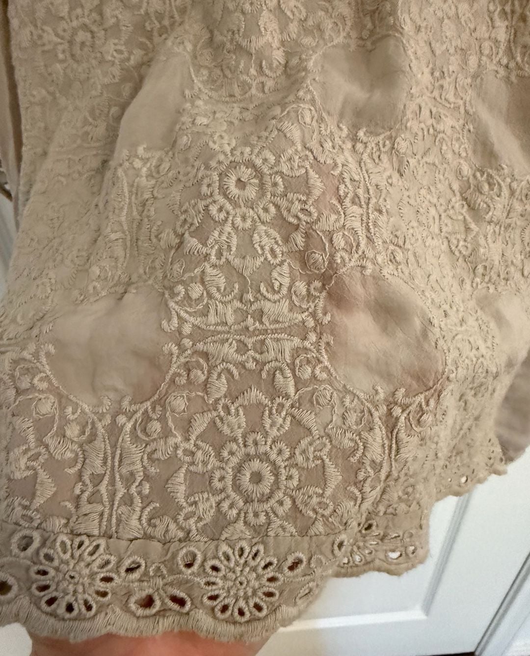 Johnny Was Dakota Embroidered Tie Neck Poncho Top Size S Taupe Boho Eyelet 6
