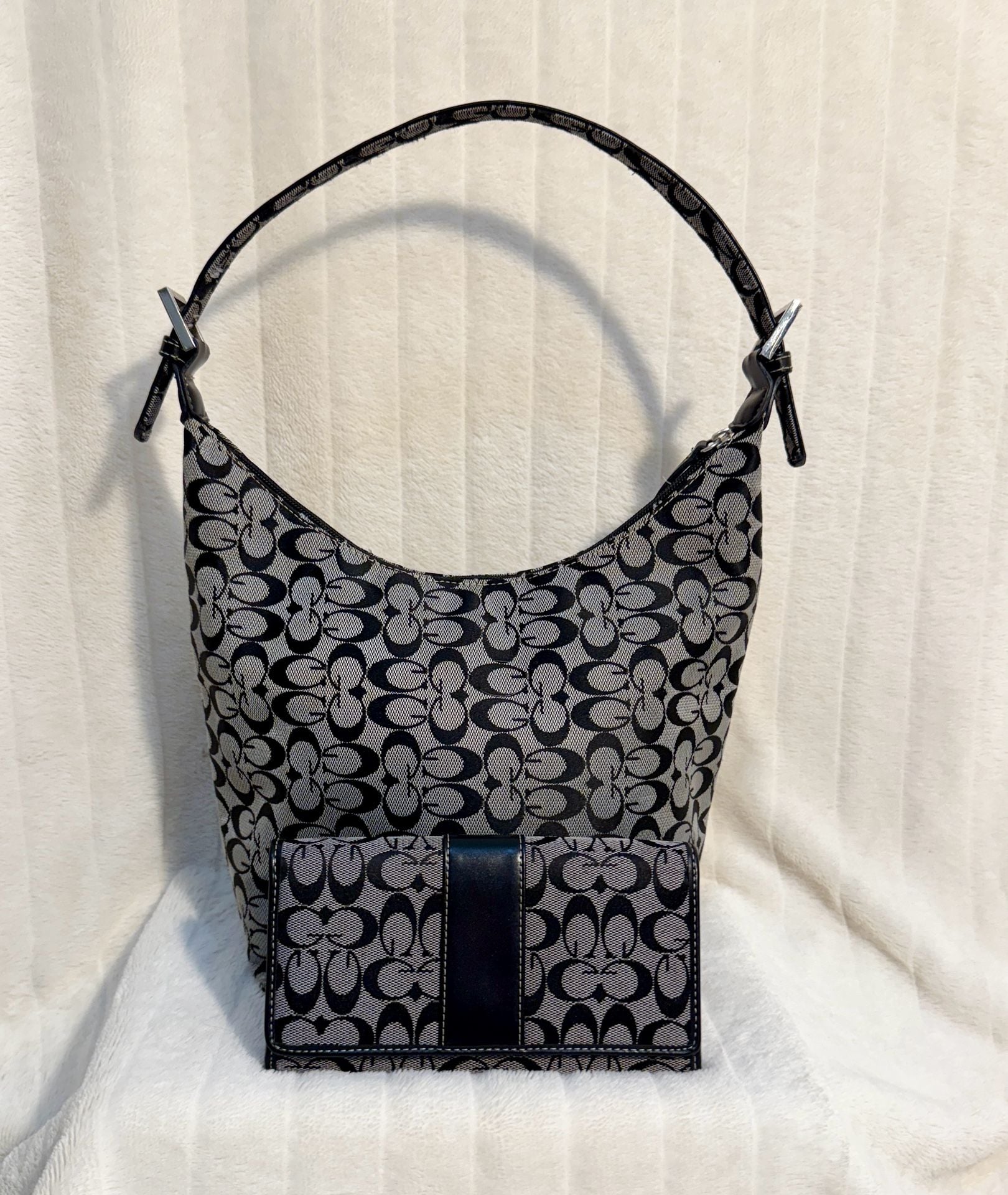Black and Gray Signature C Jacquard Hobo Shoulder Bag with Matching Wallet 4
