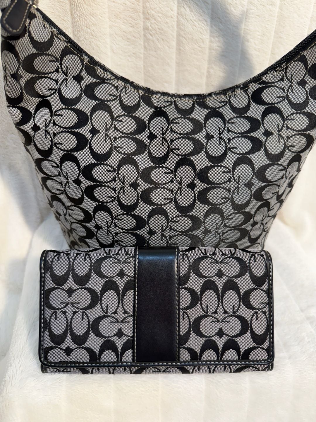 Black and Gray Signature C Jacquard Hobo Shoulder Bag with Matching Wallet 6