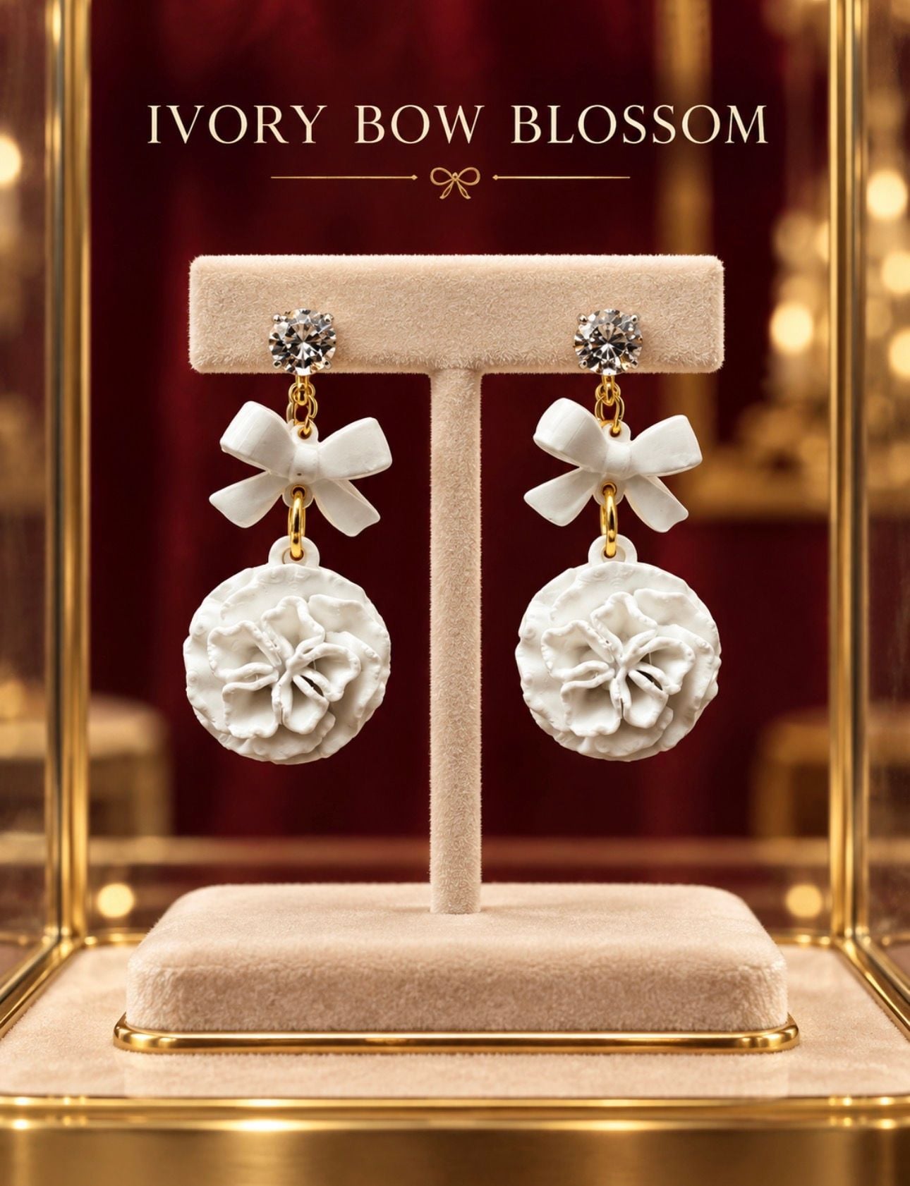 Shey M. Shop Ivory Bow Blossom White Flower Drop Earrings 2
