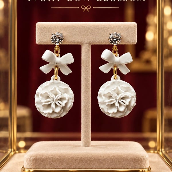 Shey M. Shop Ivory Bow Blossom White Flower Drop Earrings