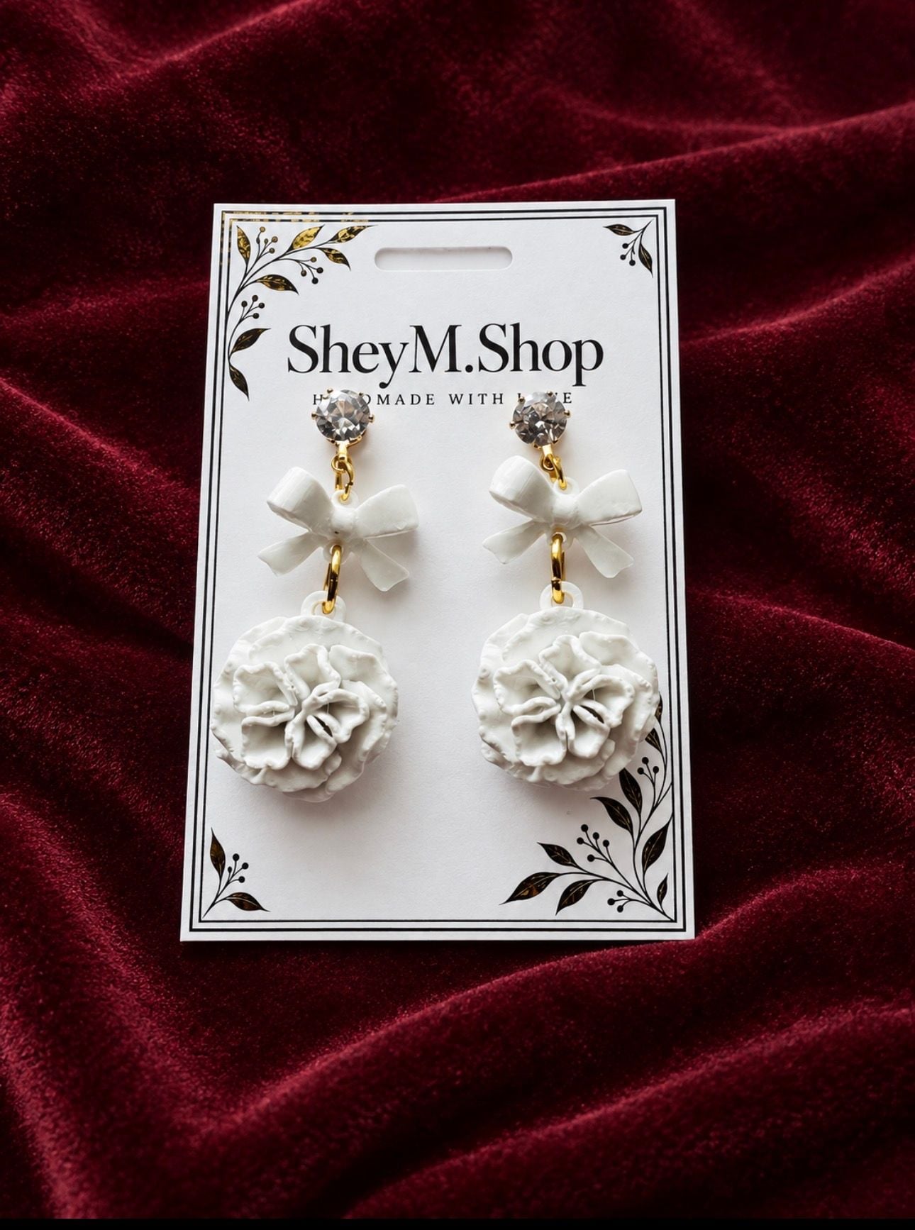 Shey M. Shop Ivory Bow Blossom White Flower Drop Earrings 3