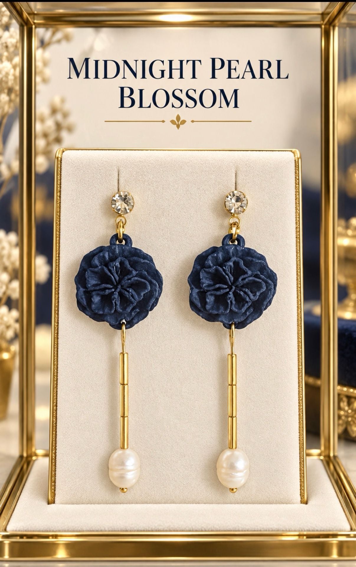 Midnight Pearl Blossom Blue Denim Camellia Flower earrings 2