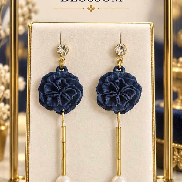 Midnight Pearl Blossom Blue Denim Camellia Flower earrings 
