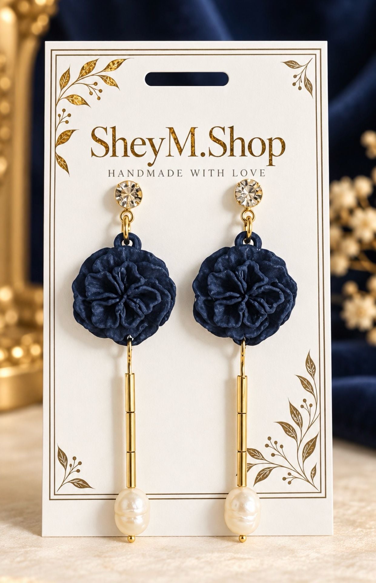 Midnight Pearl Blossom Blue Denim Camellia Flower earrings 3
