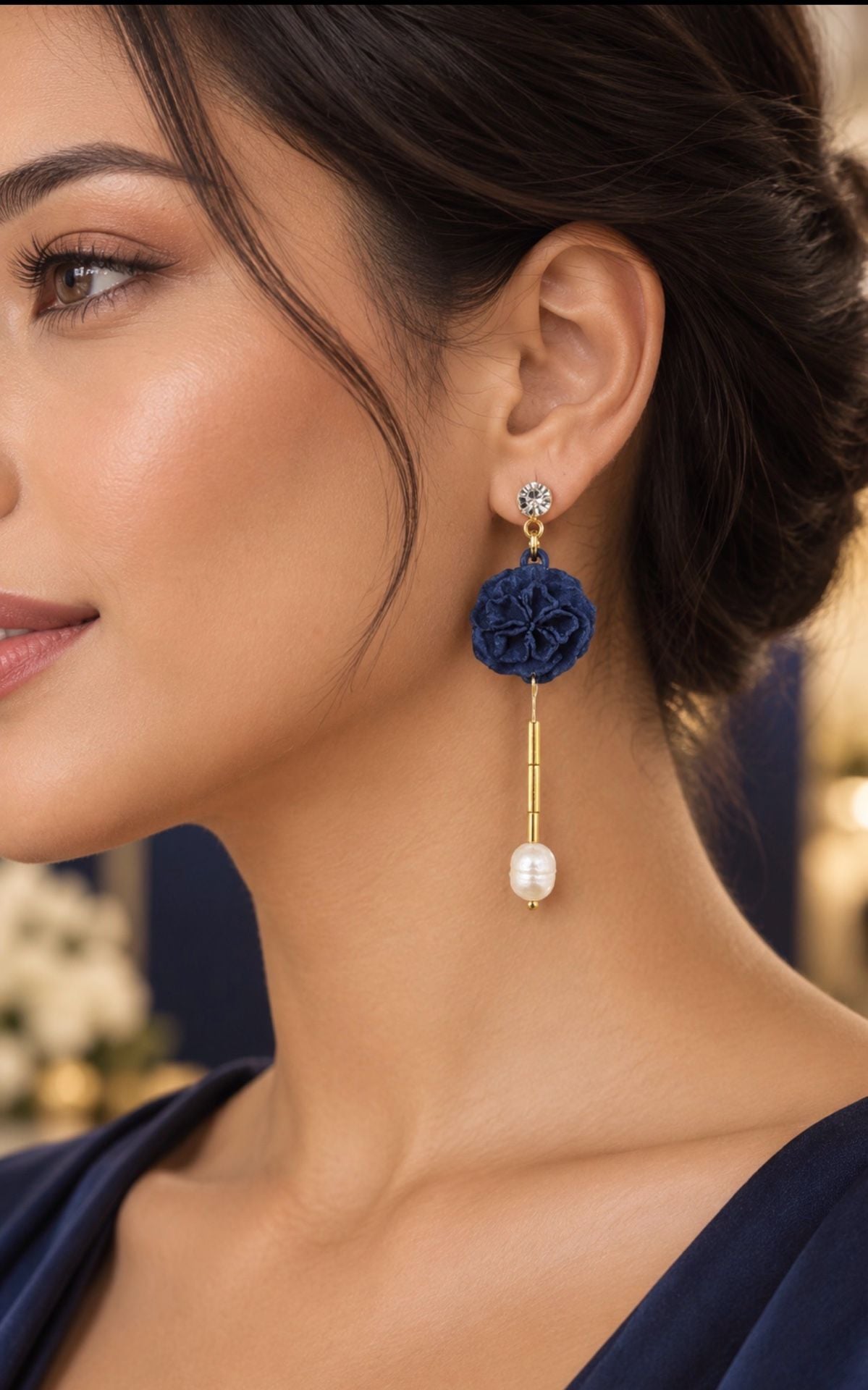 Midnight Pearl Blossom Blue Denim Camellia Flower earrings 4