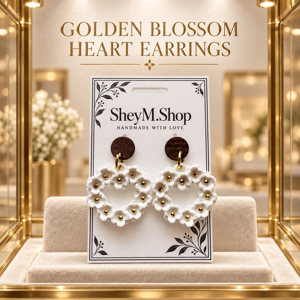 SheyM.Shop Golden Blossom Heart Earrings with White Flower Wreath and Wood Details
