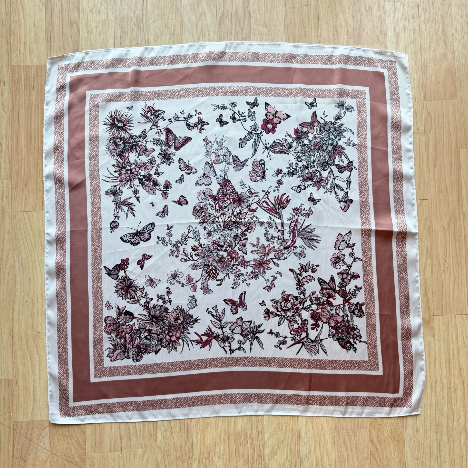 White and Pink Floral Butterfly Print Square Scarf 1