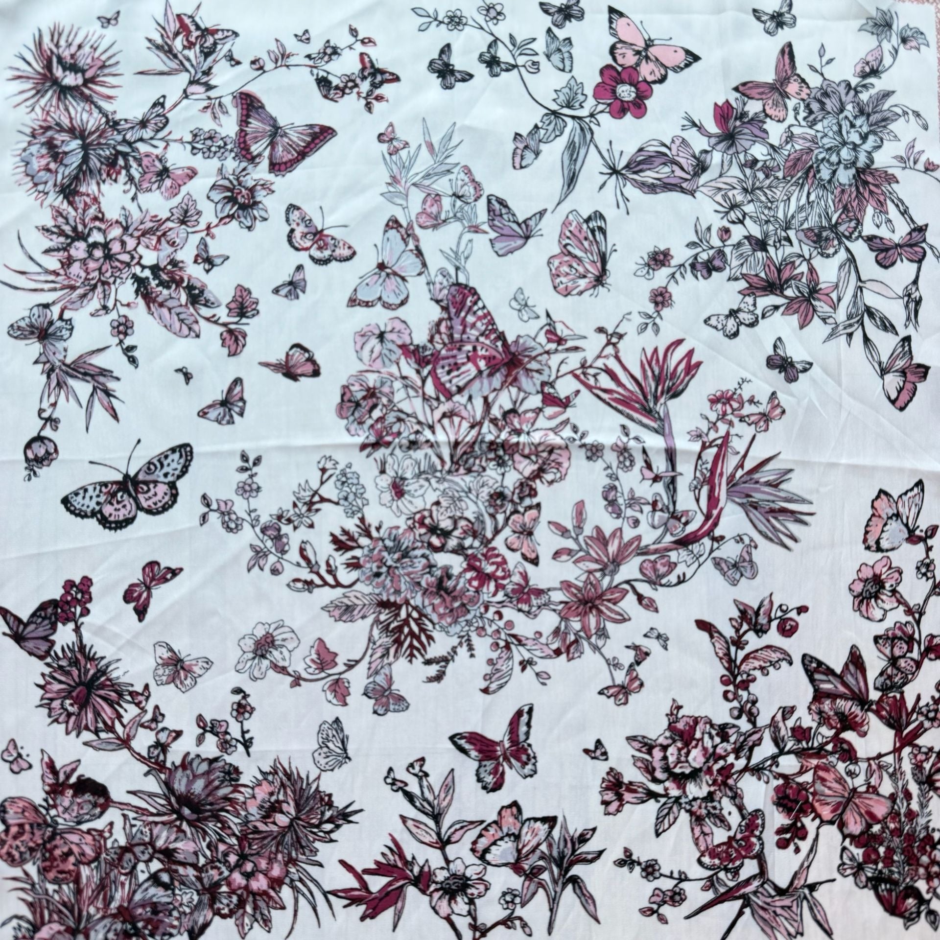 White and Pink Floral Butterfly Print Square Scarf 2