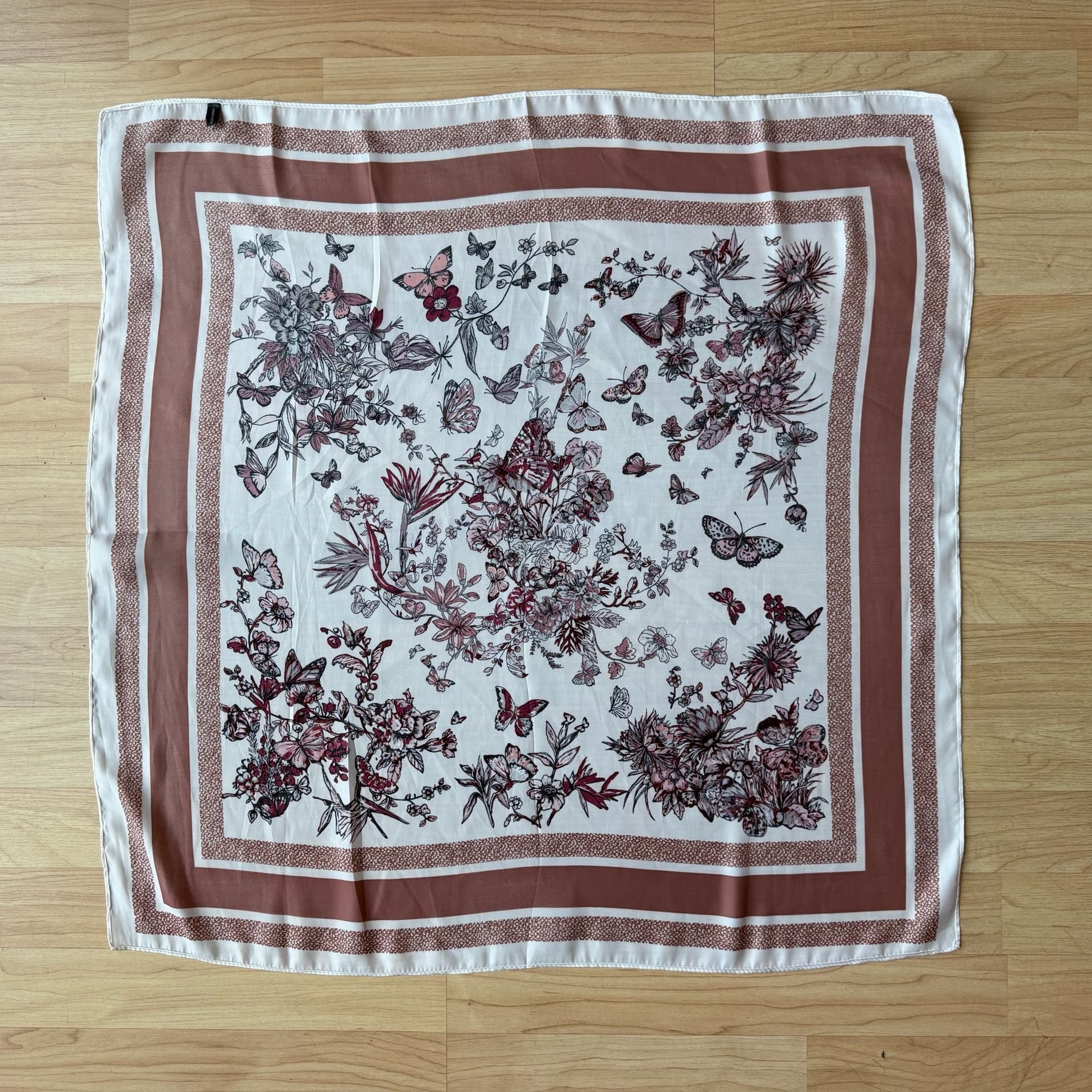 White and Pink Floral Butterfly Print Square Scarf 4