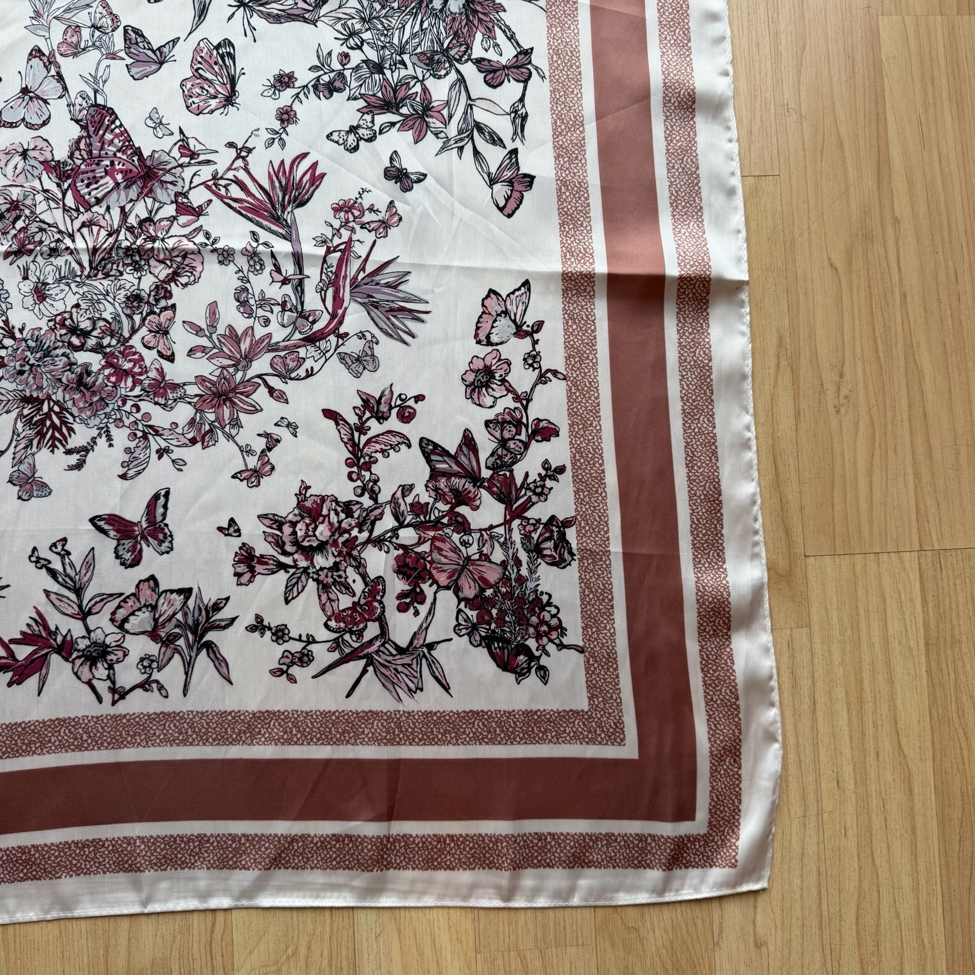 White and Pink Floral Butterfly Print Square Scarf 7